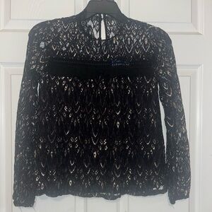 Blue Rain Black Lace Long-Sleeve Sheer Panel Blouse